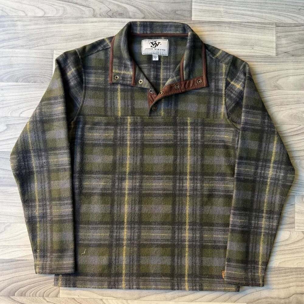 John Wayne Plaid Pullover Size S Olive Green Brown Trim Fleece